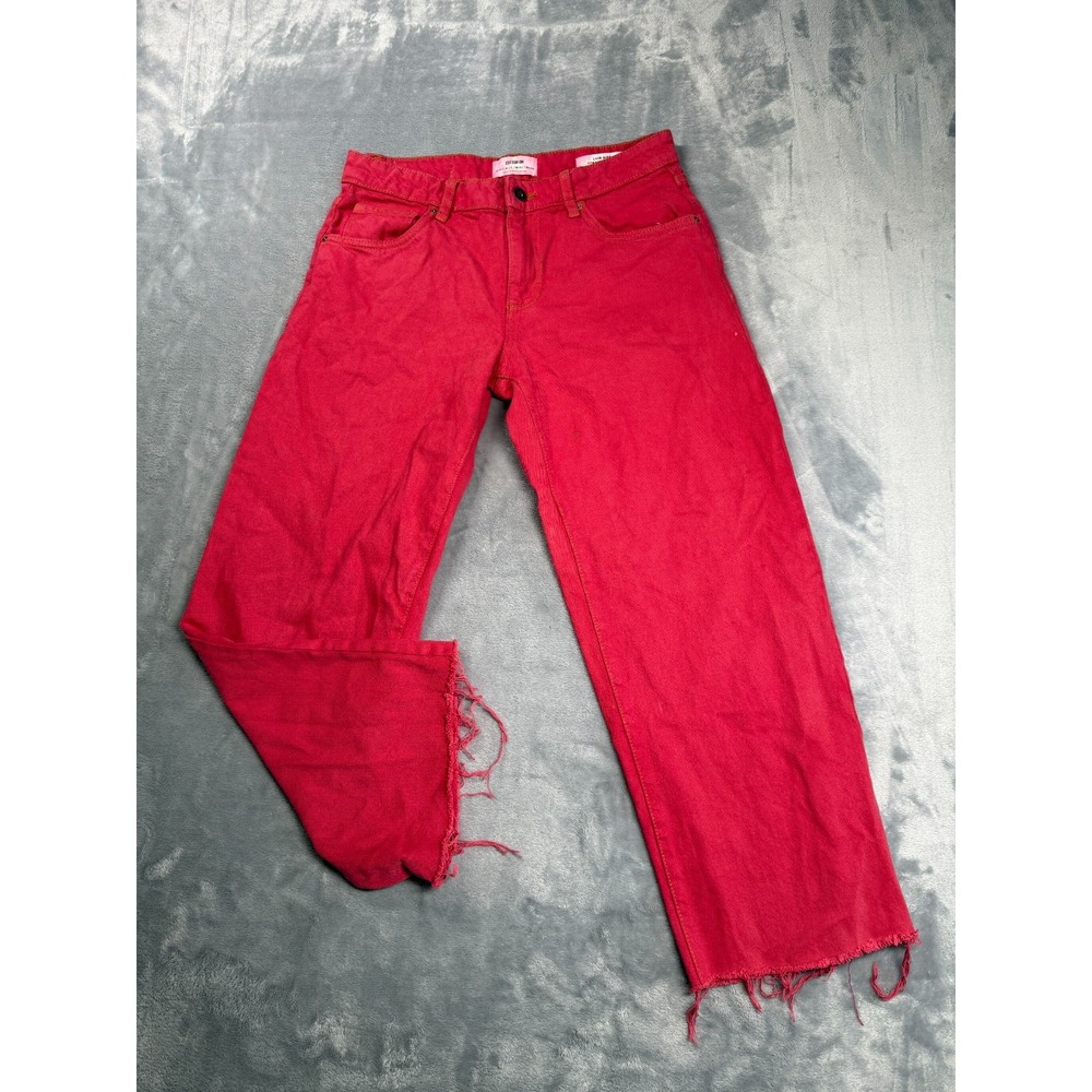 Cotton On Low Rise Straight Jeans Women 6 Red Denim Streetwear Casual Frayed Hem